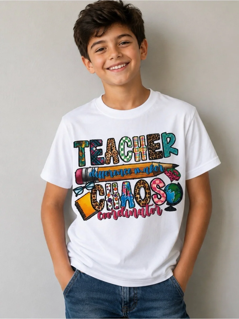 Hanes Boys’ White T-Shirt Teacher Chaos Coordinator 100% Cotton Size L/G  Kids